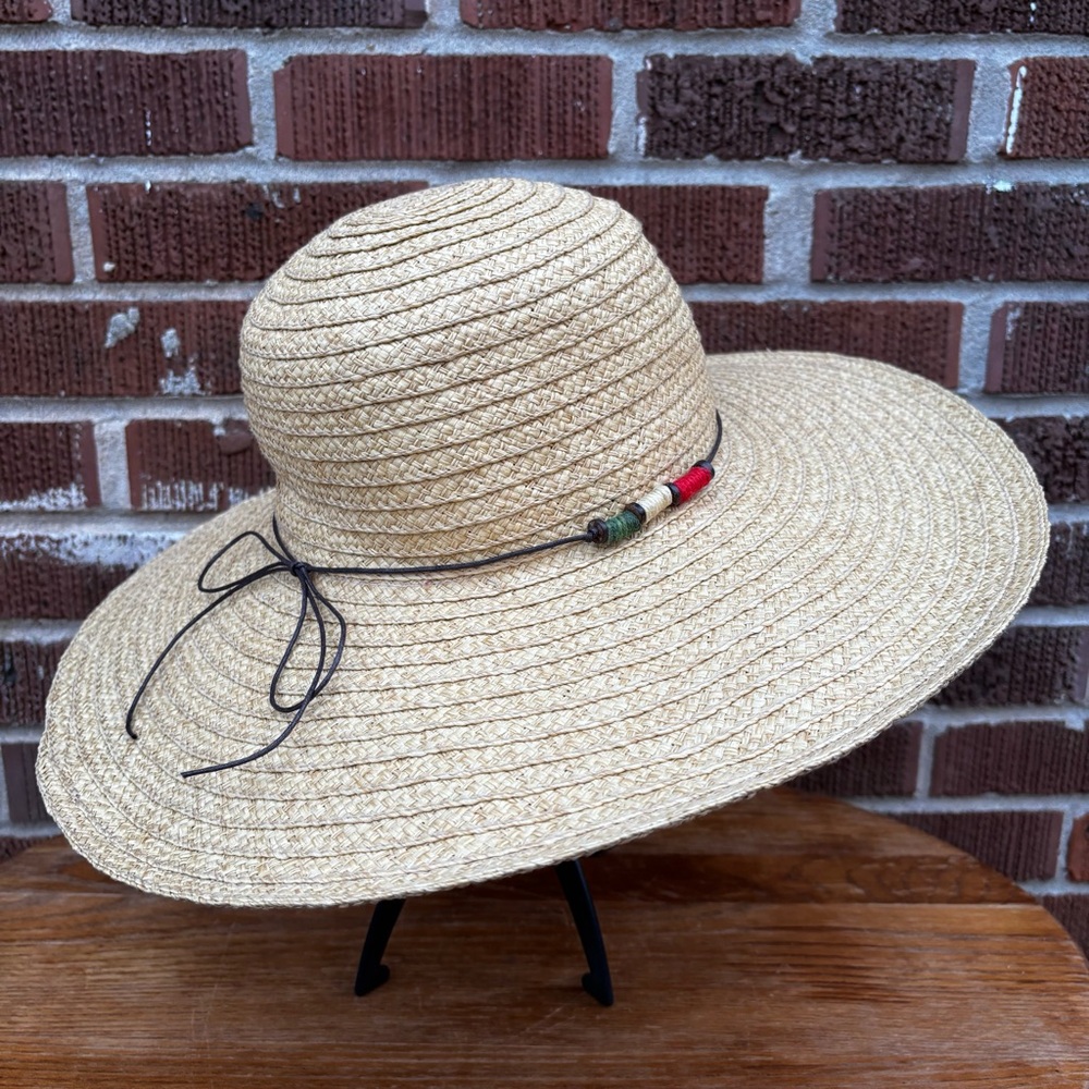 Straw Wide Brim Hat with Colorful Wrapped Beads